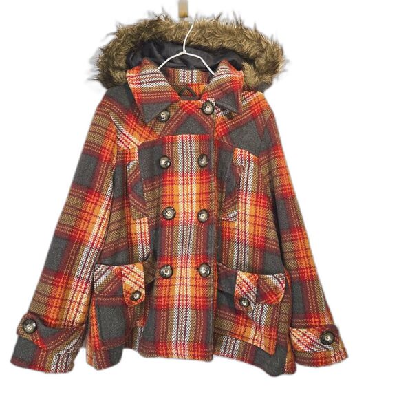 Dollhouse Orange Plaid Pea Coat with Hood 2X - Picture 1 of 10